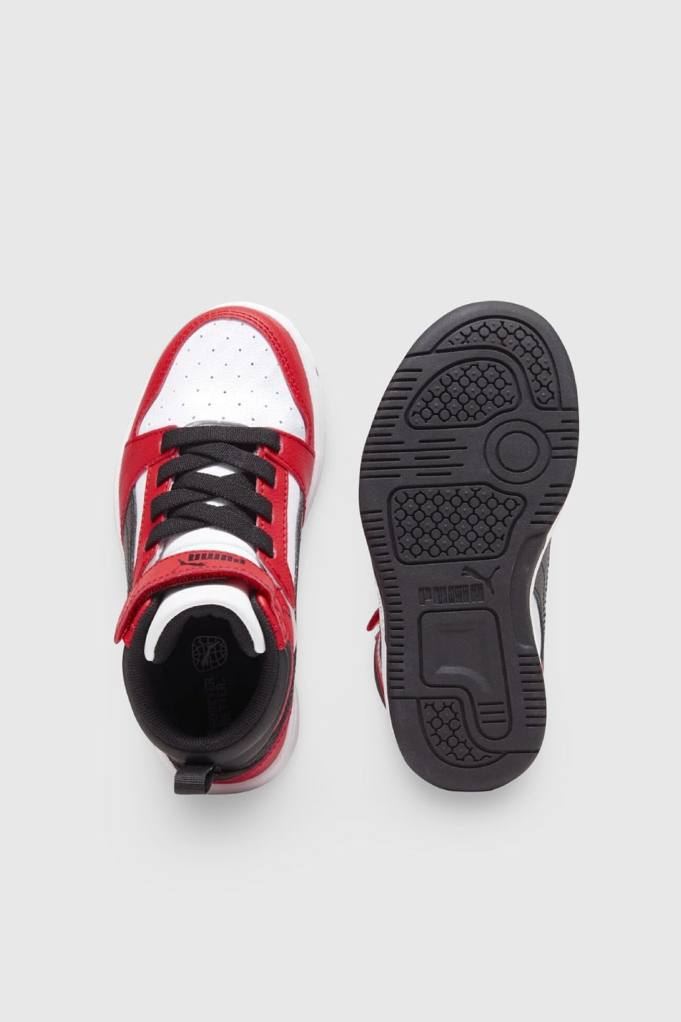 Puma Rebound V6 Mid AC+ PS Kırmızı-Beyaz-Siyah Çocuk Sneaker - üst ve taban görünümü