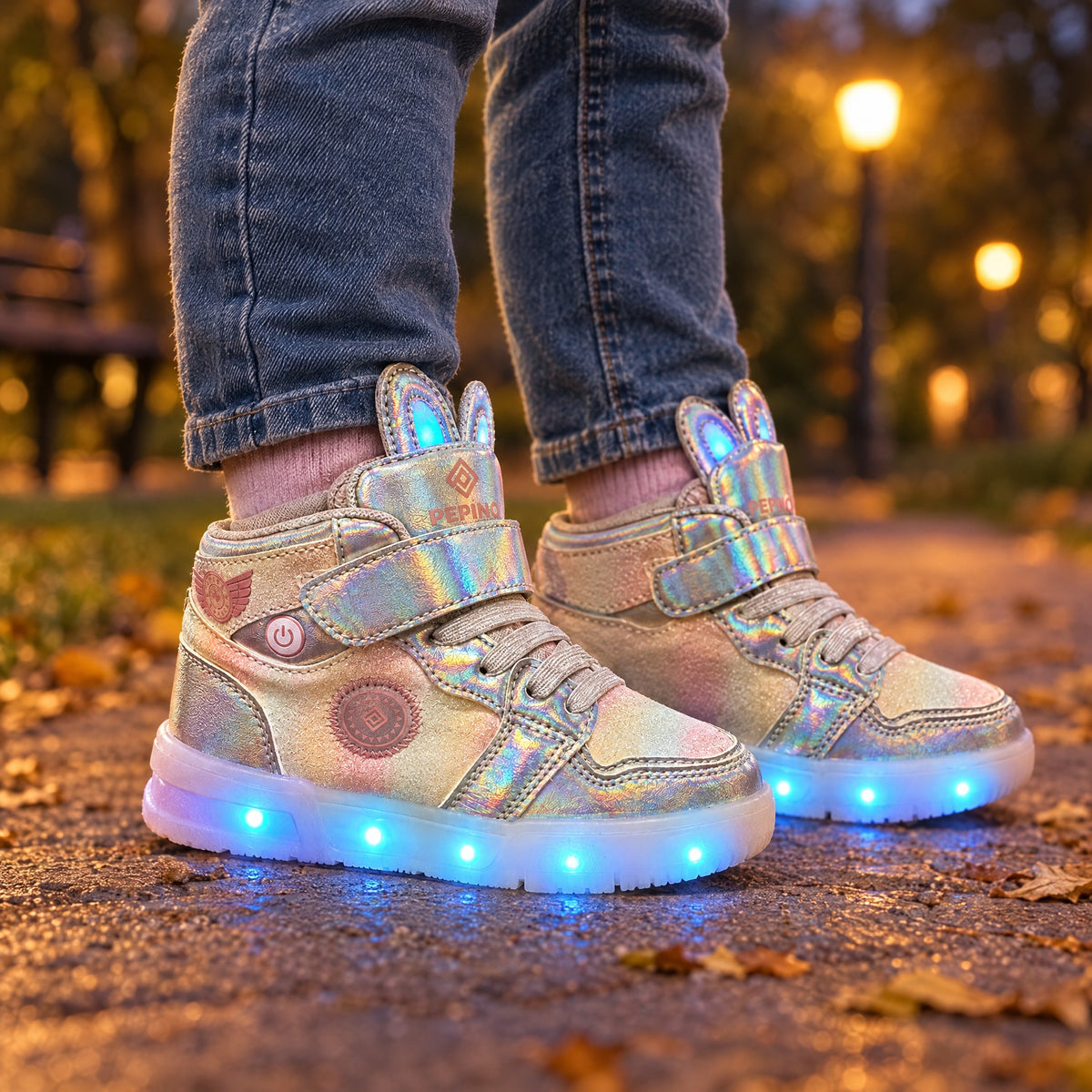 Pepino 2410 Gümüş Işıklı Tavşan Kulaklı Çocuk Sneaker - çocuk ayağında kullanım görseli